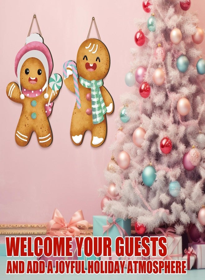 قطعتان من زينة عيد الميلاد على شكل خبز الزنجبيل بألوان الباستيل، إكليل عيد الميلاد، لافتة معلقة للباب الأمامي، لافتات ترحيب خشبية على شكل حلوى، لافتات معلقة على شكل رجل خبز الزنجبيل، زينة خبز الزنجبيل للعطلات - Image 2